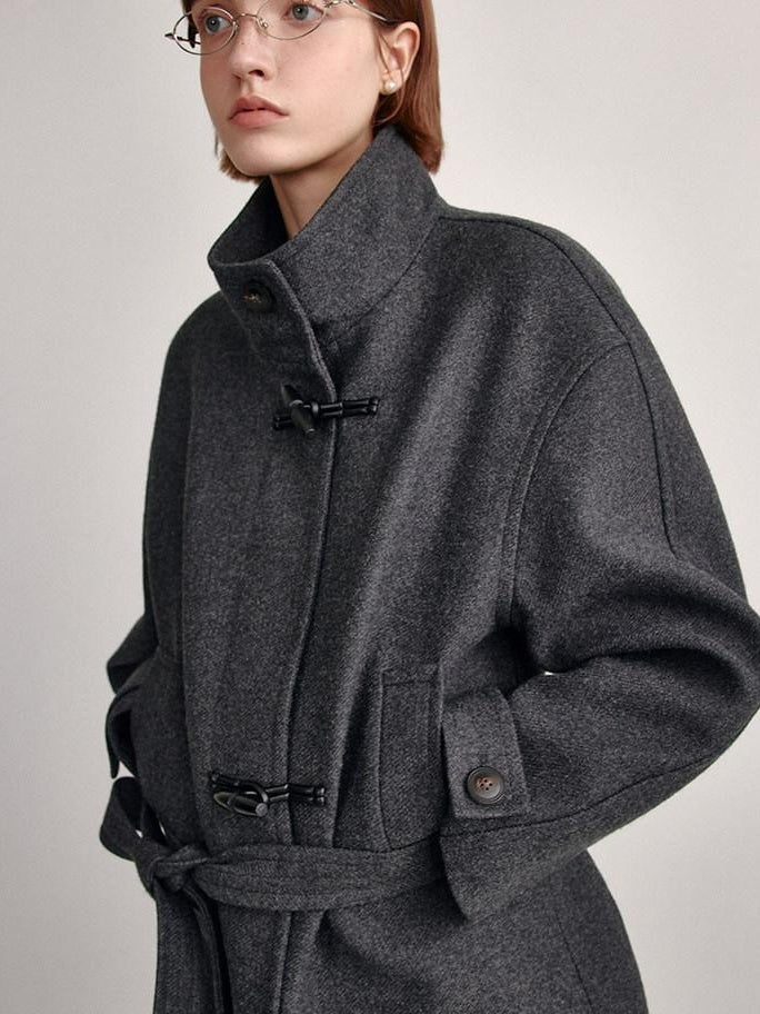 fano Minimal Commuter Straight Midlength Stand Collar Pocket Toggle Women Short Coat