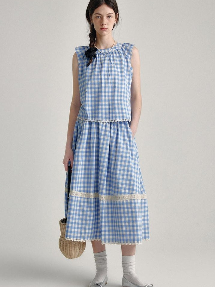 fano 100 Percent Cotton Round Neck Blue White Gingham Top & Skirt Sets