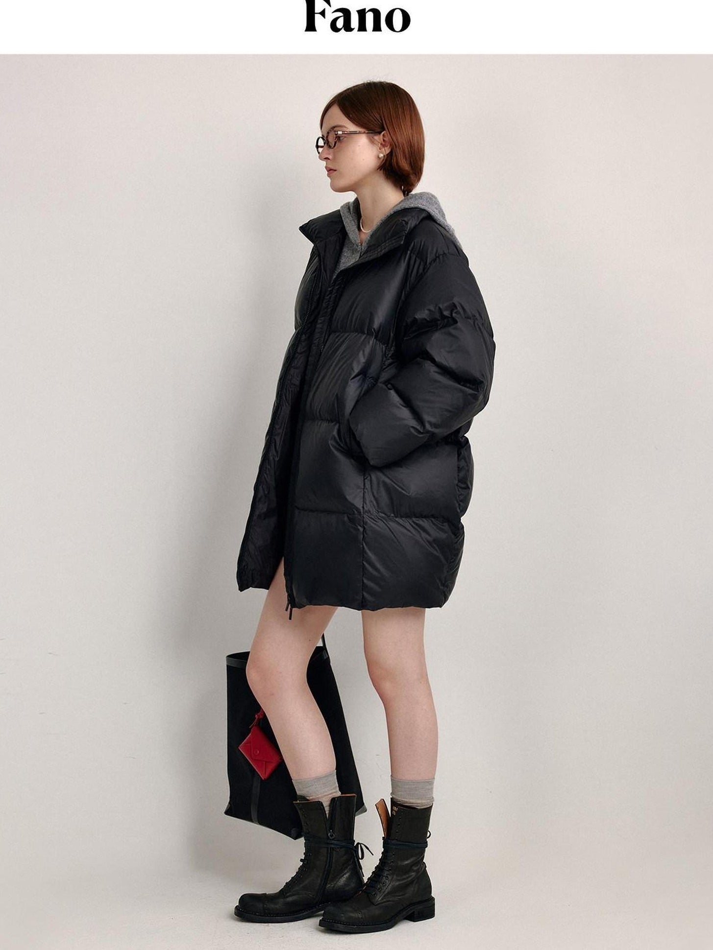 fano 90% White Duck Minimal Straight Stand Collar Black Nylon Zipper Down Jackets