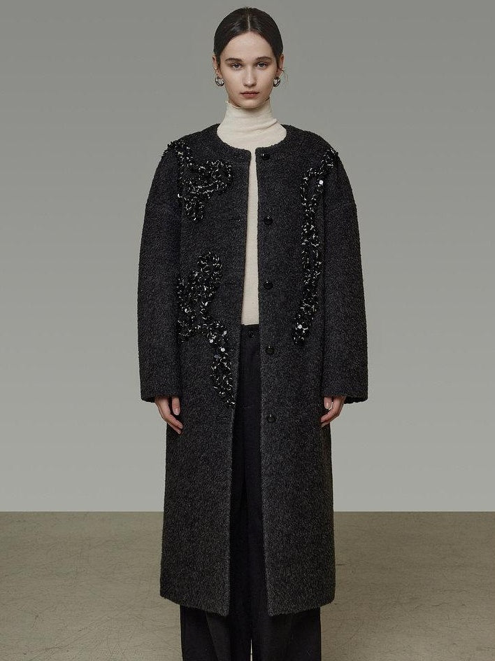 unspoken Warm 3D Embellished Loose Minimalist Commuter Long Women Deep Gray Wool Coats