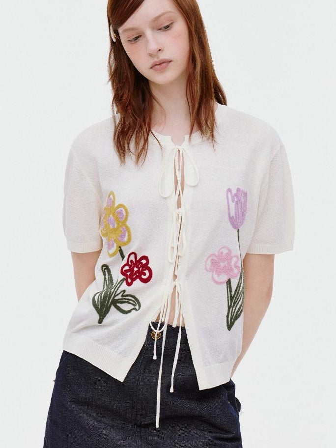 fano V-neck Tie Front Floral Short Sleeve Korean Loose Fit Women Beige Cardigans