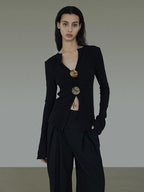 unspoken Side Slit Slim Fit Casual V-neck Button Long Sleeve Black Women Knit Cardigans