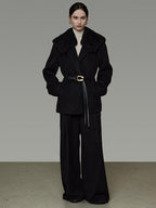 unspoken Fur Collar Thick Mid Length Loose Fit Minimalist Commuter Black Wool Long Coats
