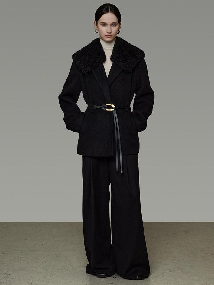 unspoken Fur Collar Thick Mid Length Loose Fit Minimalist Commuter Black Wool Long Coats