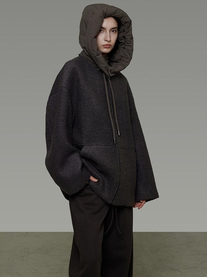 unspoken Premium Lambswool Hooded Relaxed Fit Minimal Commuter Zipper Gray Wool Coats