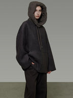 unspoken Premium Lambswool Hooded Relaxed Fit Minimal Commuter Zipper Gray Wool Coats