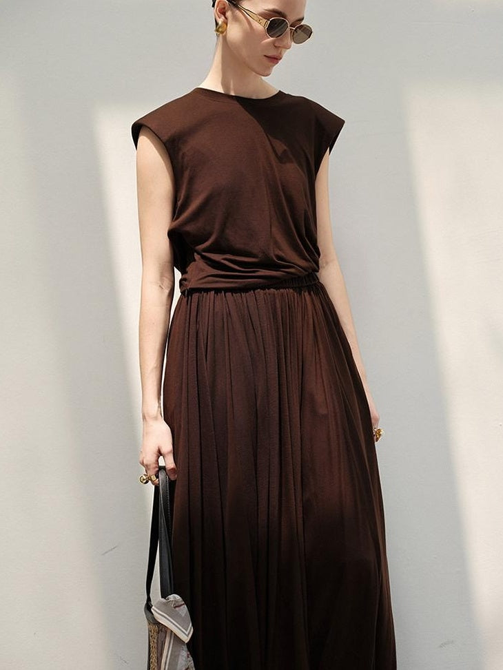 audreyyang Recycled Viscose French Chic Pleated Aline Two Piece Sleeveless Maxi Dresses