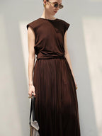audreyyang Recycled Viscose French Chic Pleated Aline Two Piece Sleeveless Maxi Dresses