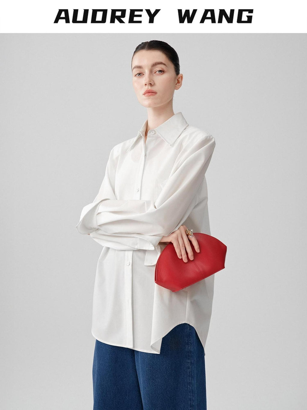 audreyyang Comfortable Polyester Blend Loose Lapel Button Long Sleeve Commuter White Shirts