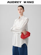 audreyyang Comfortable Polyester Blend Loose Lapel Button Long Sleeve Commuter White Shirts