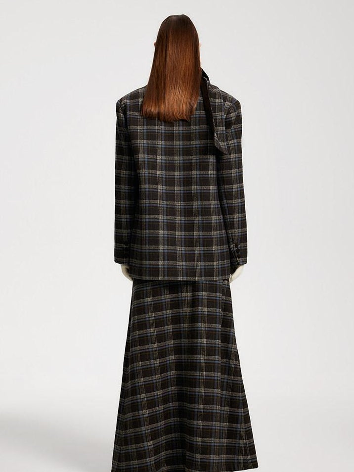 someone sometimes Original Design Plaid V-neck Long Sleeve Polyester Office Chic Top & Skirt Sets