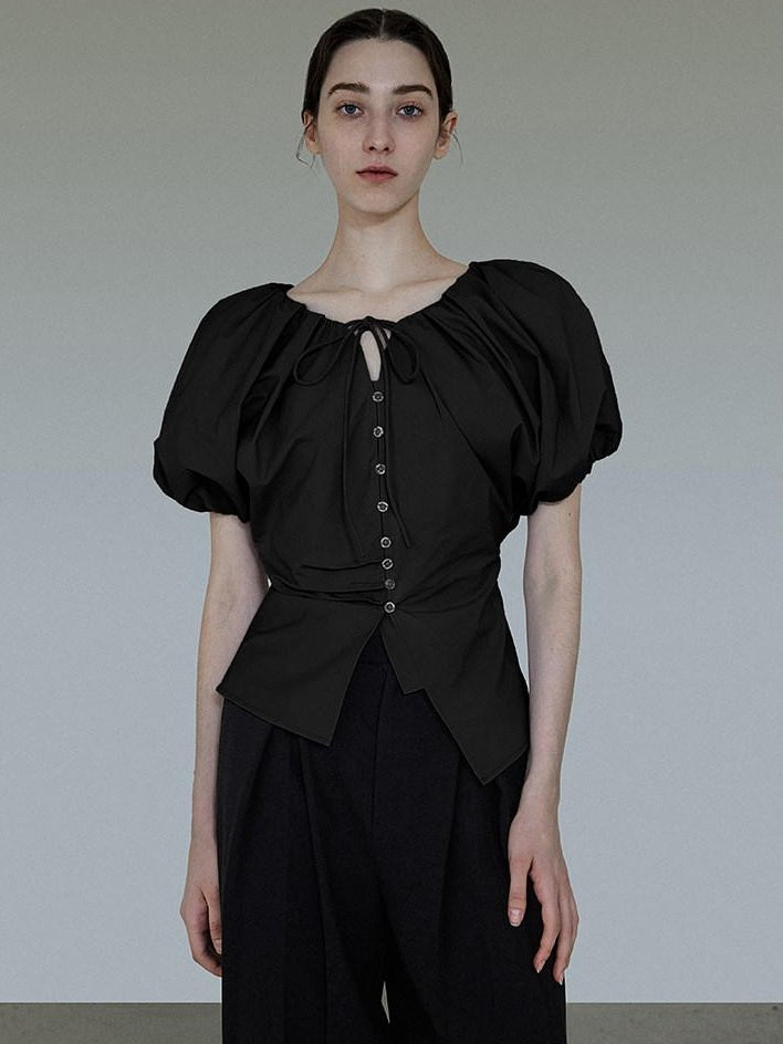 unspoken Breathable Cotton Tie Waist Puff Sleeve Commuter Women Round Neck Button Blouses