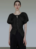unspoken Breathable Cotton Tie Waist Puff Sleeve Commuter Women Round Neck Button Blouses