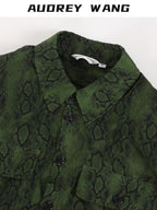audreyyang Shape Retain Loose Snake Print Dark Green Recycled Viscose Women Wide Leg Pants