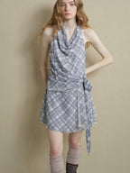 someonesometimes Lightweight Halter Tie Plaid Office Regular Fit Cornflower Blue Midi Dresses