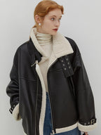 fano Thick Loose Fit Commuter Viscose Zipper Women Black Leather Jackets