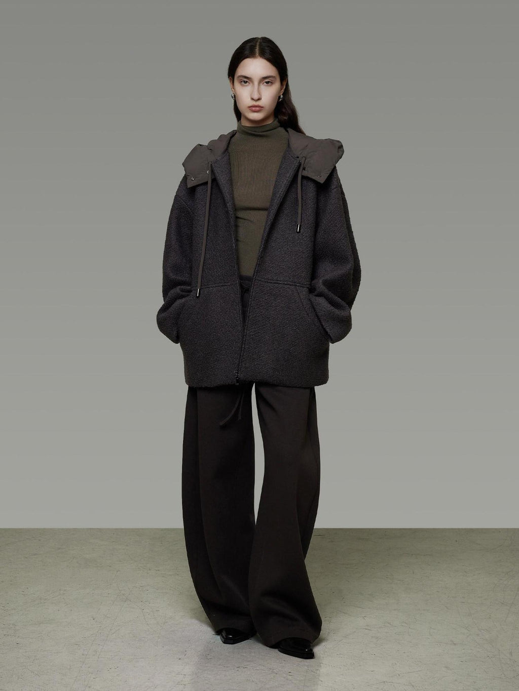 unspoken Premium Lambswool Hooded Relaxed Fit Minimal Commuter Zipper Gray Wool Coats