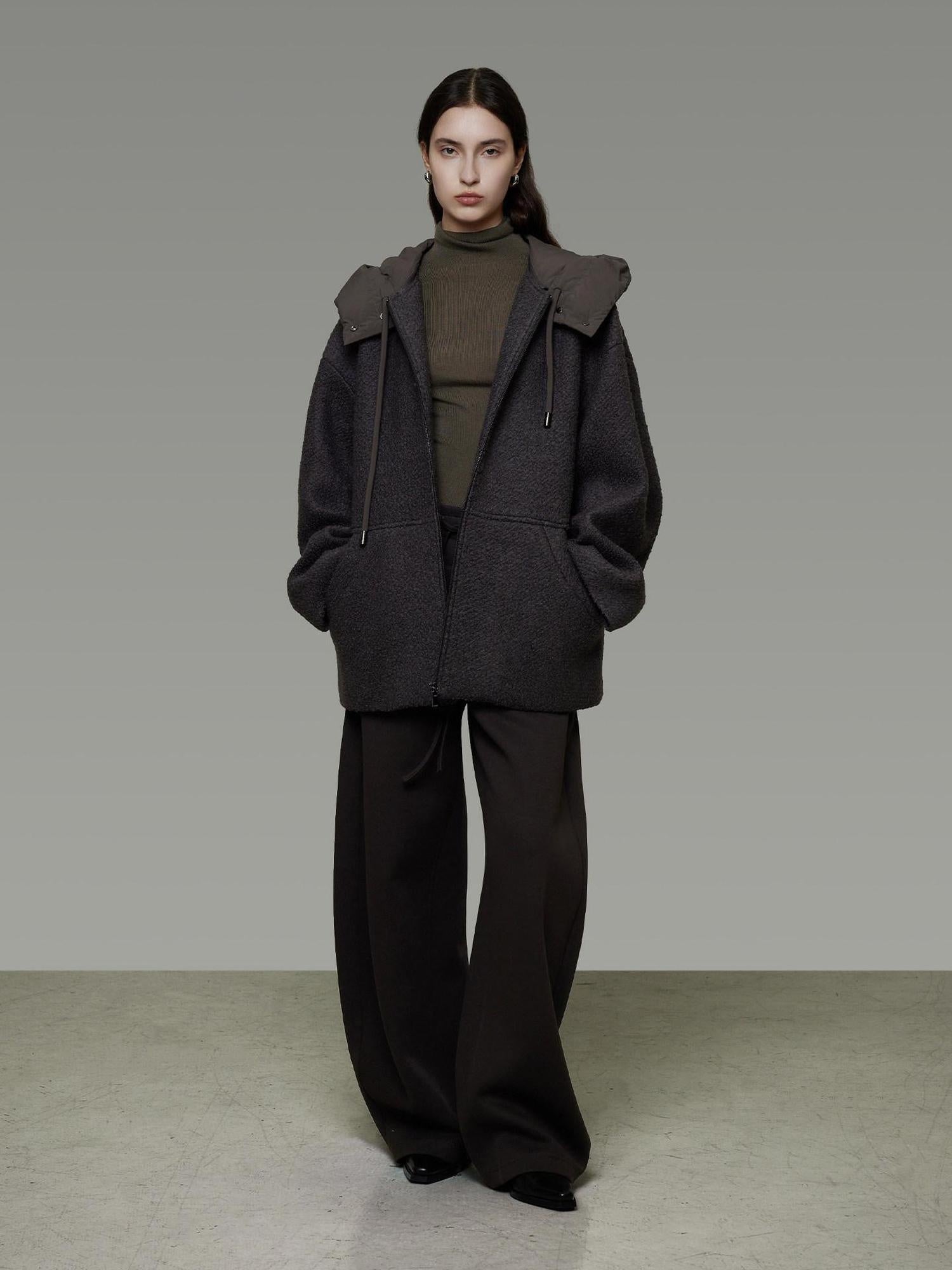 unspoken Premium Lambswool Hooded Relaxed Fit Minimal Commuter Zipper Gray Wool Coats