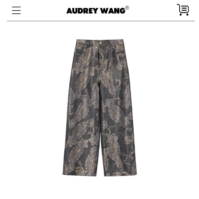 audreyyang Vintage Jacquard Botanical Floral Natural Waist Loose Fit Ladies Wide Leg Pants