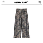 audreyyang Vintage Jacquard Botanical Floral Natural Waist Loose Fit Ladies Wide Leg Pants