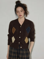 Lofi choose Wool Blend Colorblock Loose V-neck Women Workwear Argyle Button Knit Cardigans