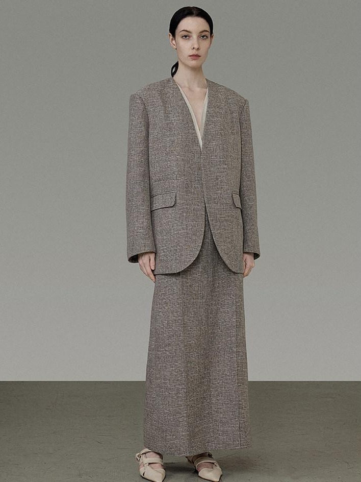 unspoken Minimalist Heather Gray Loose Fit Longsleeve Office Polyester Top & Skirt Sets