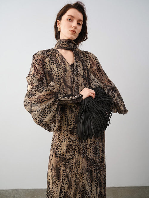 audreyyang Black Polka Dot Viscose Blend Puff Sleeve Cinched Waist Women Maxi Dresses