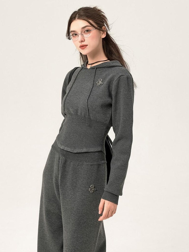 ikyou Ribbed Grey Cropped Hood Pullover Commuter Polyester Women Top & Pants Sets