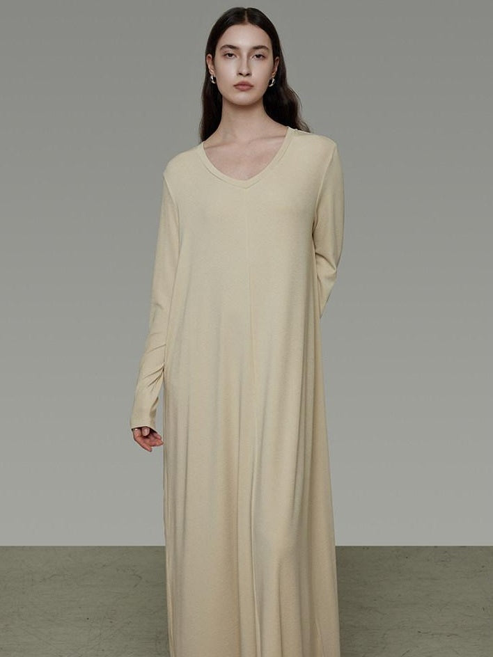 unspoken Non Fading Modal Cotton Long Sleeve Loose Waist Minimalist Commuter Maxi Dresses