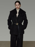 unspoken Fur Collar Thick Mid Length Loose Fit Minimalist Commuter Black Wool Long Coats