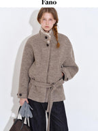 fano 70 Wool 30 Polyester Light Brown Women Korean Commuter Stand Collar Wool Coats