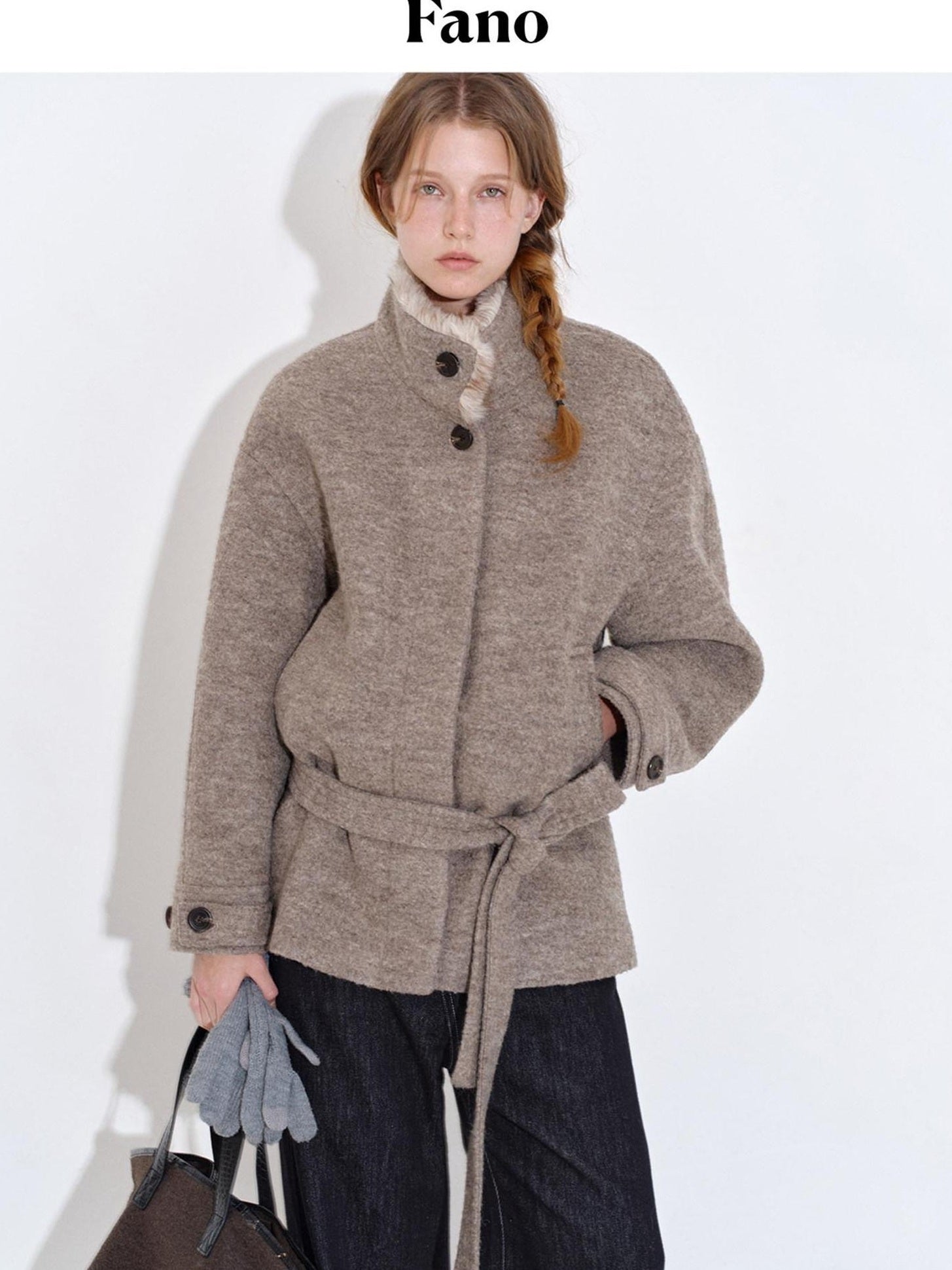 fano 70 Wool 30 Polyester Light Brown Women Korean Commuter Stand Collar Wool Coats