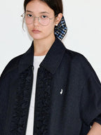 fano Vintage Black Grey Plaid Ruffle Loose Fit Viscose Zipper Women Bomber Jackets