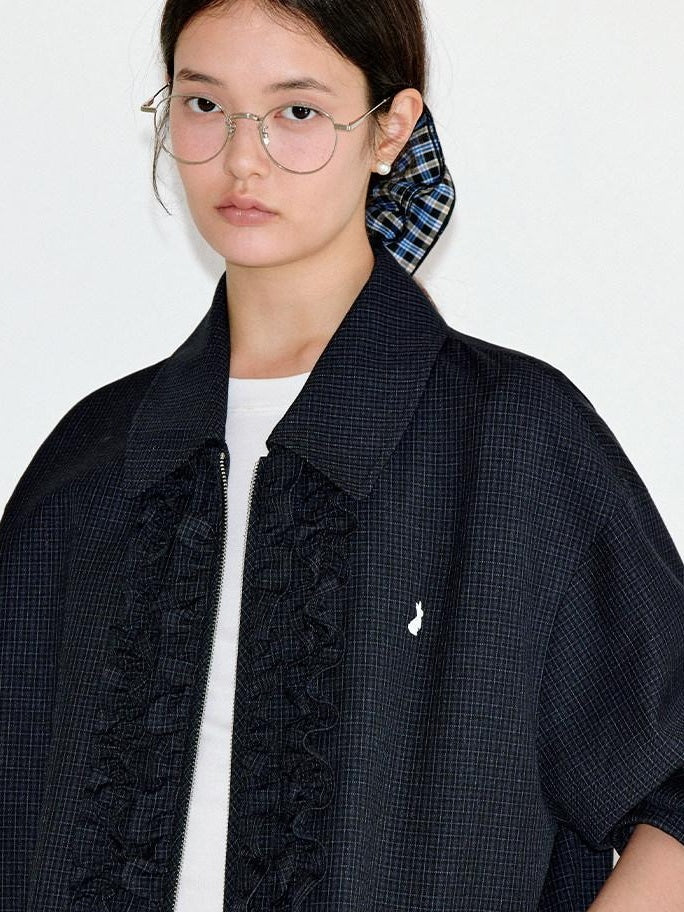 fano Vintage Black Grey Plaid Ruffle Loose Fit Viscose Zipper Women Bomber Jackets