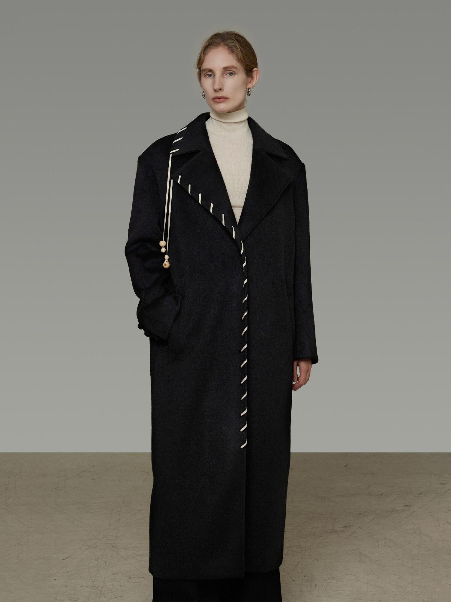 unspoken Sheep Wool Blend 3D Cut Straight Office Black Lapel Long Sleeve Long Coats