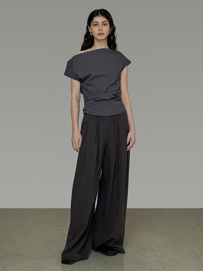 unspoken Pleated Stretch Minimalist Workwear Natural Waist Women Wide Leg Pants