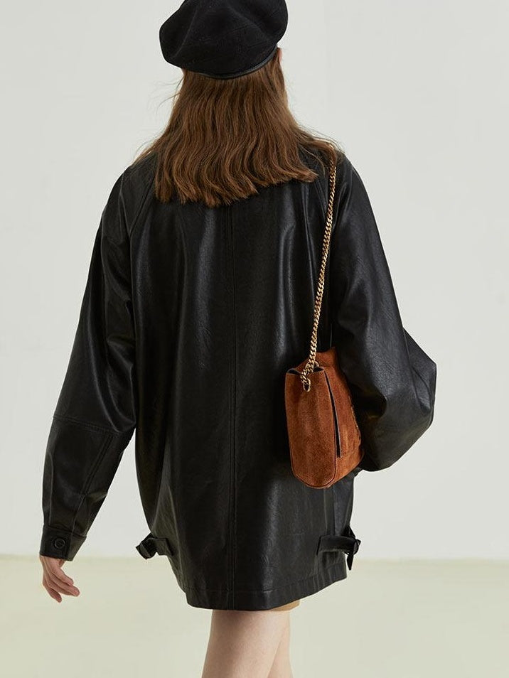 fano Warm Vintage Loose Fit Turn Down Collar Button Closure For Women Leather Jackets