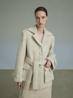 unspoken Porcelain White Wool Blend Minimal Office Single Breasted Notch Top & Skirt Sets