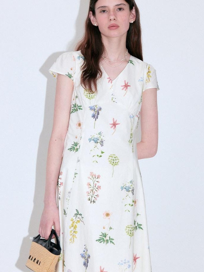 fano Cotton High Waist A Line V-neck Short Sleeve Floral Ivory Korean Maxi Dresses