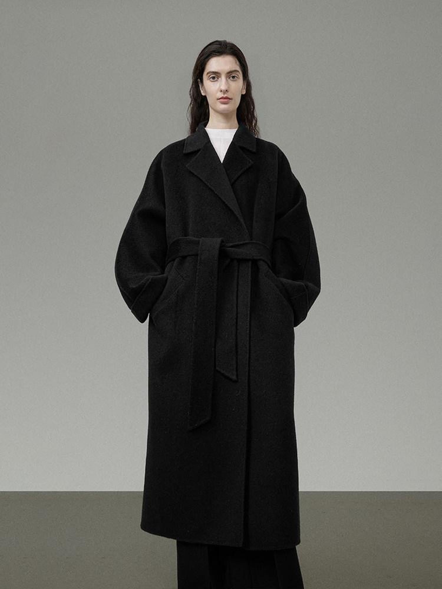 unspoken 100 Percent Wool Minimal Straight Long Tie Office Women Black Wool Coats