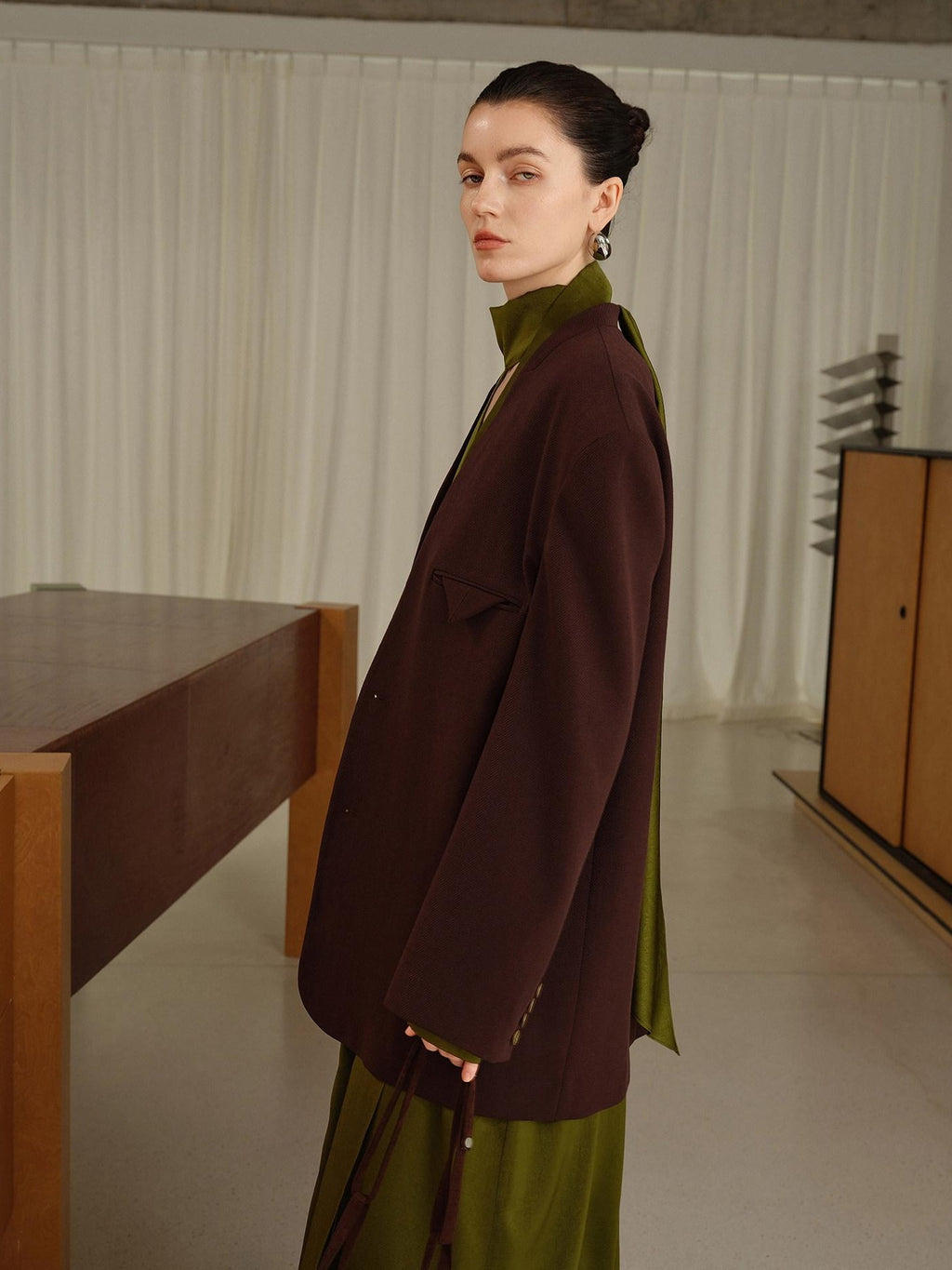audreyyang Original Loose Fit Herringbone Wool Collarless Open Front Casual Women Blazers