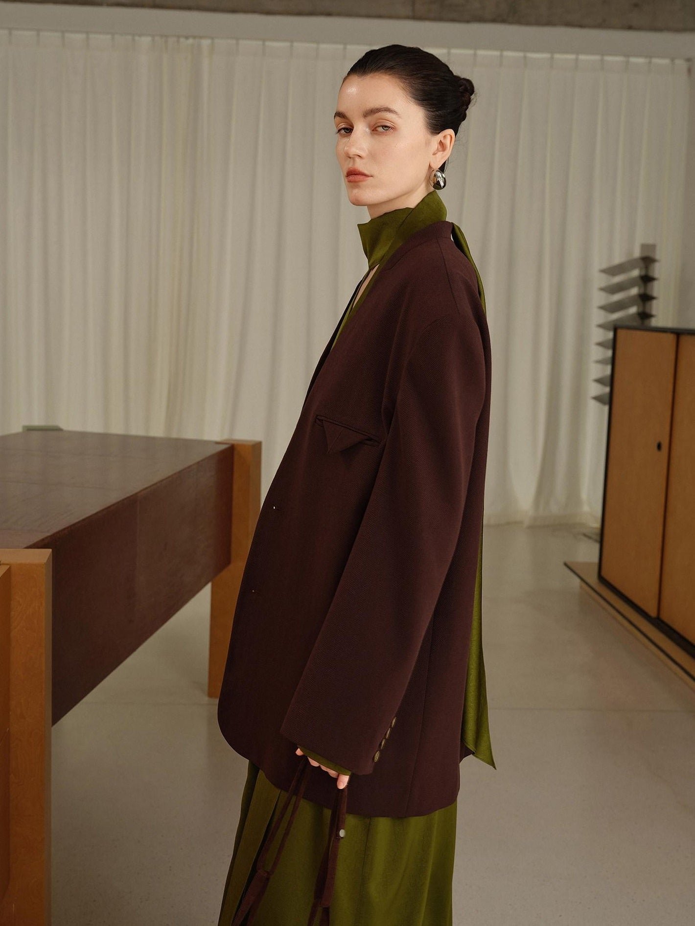 audreyyang Original Loose Fit Herringbone Wool Collarless Open Front Casual Women Blazers