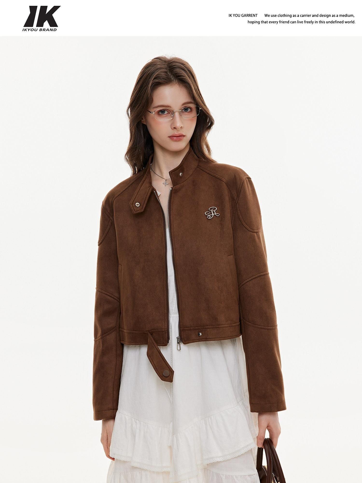ikyou Durable Vintage Slim 3D Embellished Stand Collar Zip Brown Women Cropped Jackets