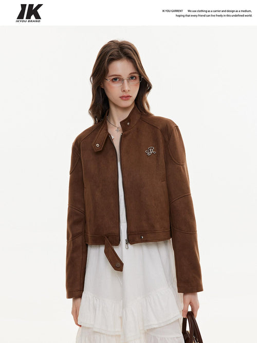 ikyou Durable Vintage Slim 3D Embellished Stand Collar Zip Brown Women Cropped Jackets