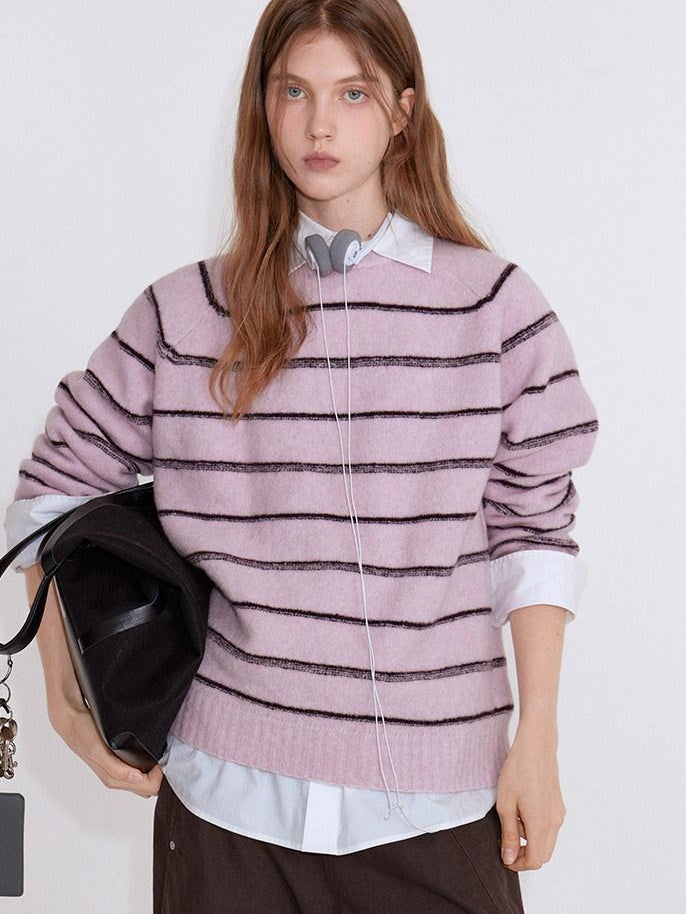 fano Soft Wool Blend Striped Cardigan Loose Fit Commuter Women Pink Knitted Sweaters
