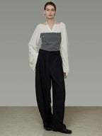unspoken Breathable Cotton Contrast V-neck Loose Longsleeve Tie Front Women Blouses