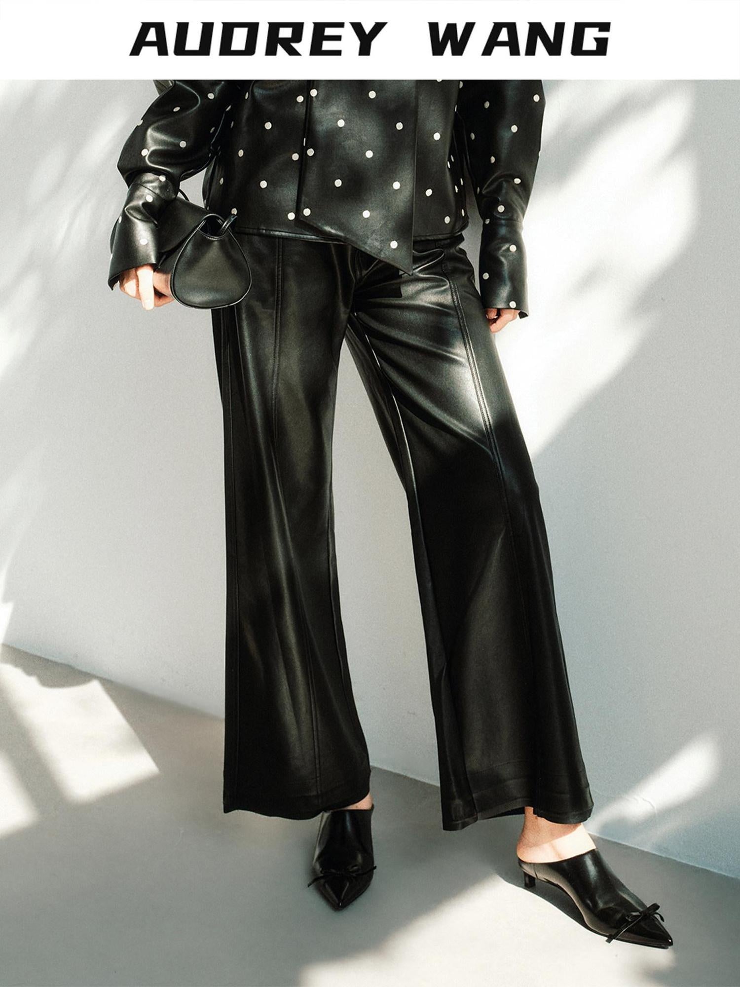 audreyyang Premium High Waist Viscose Zipper Light Luxury Women Black Straight Pants
