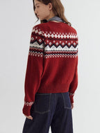 fano Warm Sheep Wool Jacquard Loose Korean Commuter Crewneck Red Women Cardigans