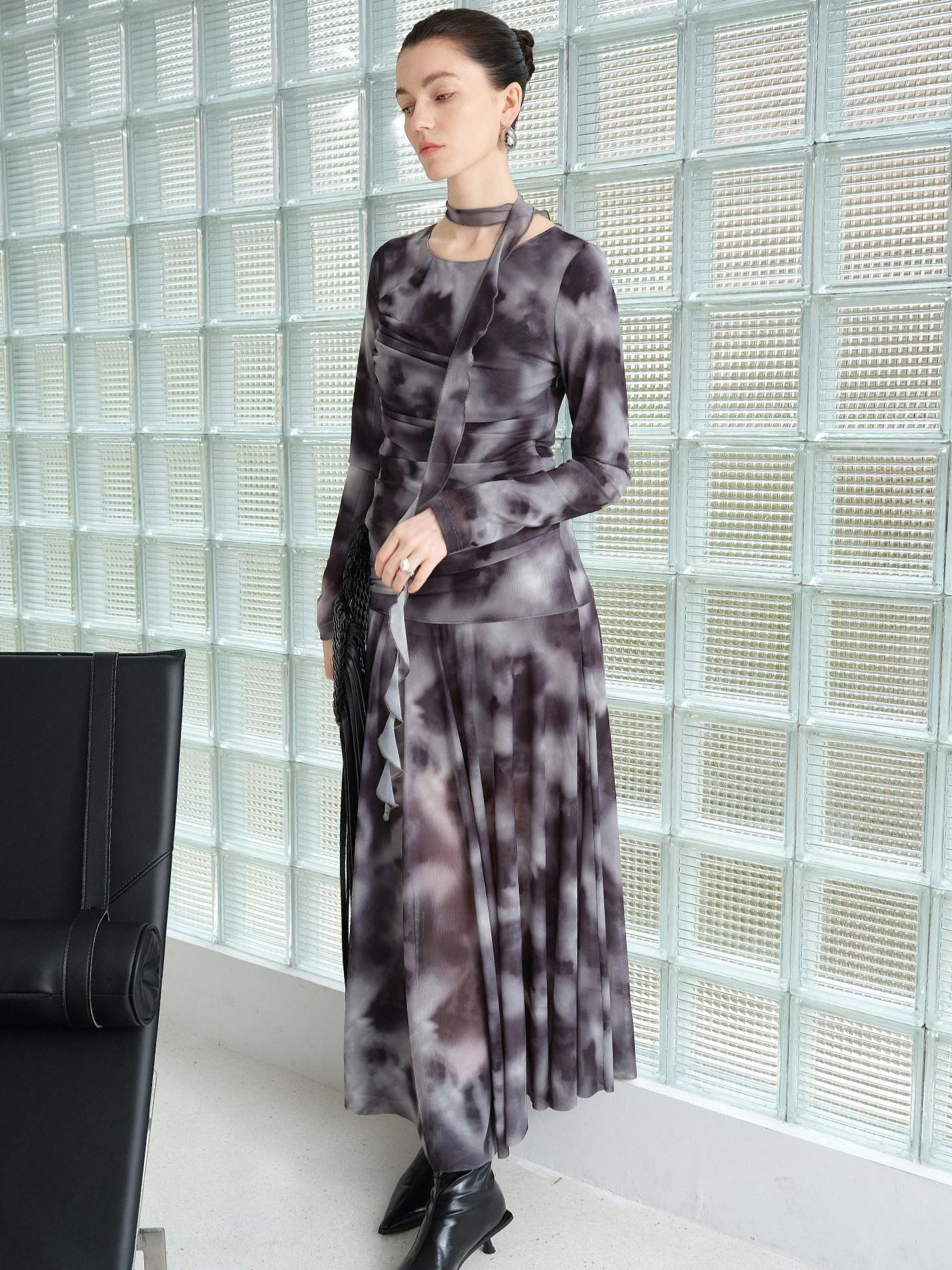 audreyyang Elegant Sash Fitted Knit Long Sleeve Grey Ombre Maxi Dresses