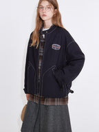 fano Insulated Loose Fit Korean Commuter Stand Collar Zip Front Navy Puffer Jackets
